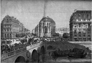 Transformaties van Parijs onder het Tweede Keizerrijk, Haussmann Parijs: uitzicht op de fontein Saint Michel (1860) op de Boulevard de Sebastopol. Gravure in "Le Monde Illustré" nr. 175 van 18 augustus 1860.