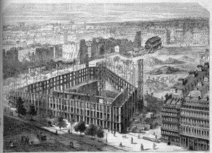 Transformaties van Parijs onder het Tweede Keizerrijk, Parijs Haussmann: bouw van het Hotel de la Paix en uitzicht op de locatie van het toekomstige Opera Garnier, tussen de straten Neuve des Mathurins, de Chaussee d