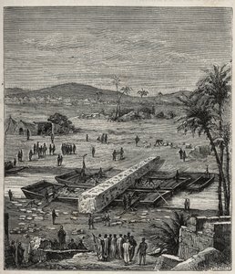 Transport van de obelisk van Ptolemee Philadelph (Ptolemaios Philadelphos) (Ptolemee II) op de Nijl naar Alexandrië - Gravure in "Wetenschappen beschikbaar voor iedereen - Populaire natuurkunde en scheikunde" door Alexis Clerc - Eind 19e eeuw - Privécollec