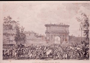 Triomfantelijke intocht van de Franse troepen onder Napoleon Bonaparte in Milaan, 15 mei door French School