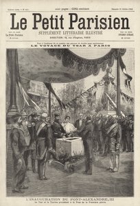 Tsaar Nicolaas II en Tsarina Alexandra van Rusland bij een ceremonie voor het leggen van de eerste steen van de Pont Alexandre III in Parijs tijdens hun bezoek aan Frankrijk door French School