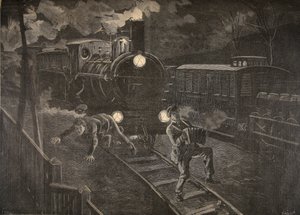 Twee mannen geraakt door een trein, illustratie uit Le Petit Journal: Supplement illustre, 1898 door French School