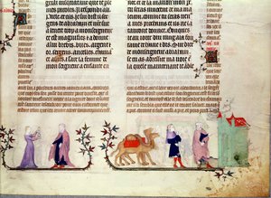 Twee scènes uit het verhaal van Rebecca bij de bron, uit De Bijbel van Jean de Sy, ca.1355 door French School