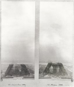 Twee uitzichten op de bouw van de Eiffeltoren, Parijs, 12 december 1887 en 15 maart 1888 door French School