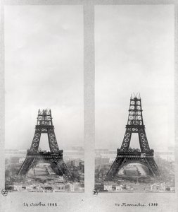 Twee uitzichten op de bouw van de Eiffeltoren, Parijs, 14 oktober en 14 november 1888 door French School