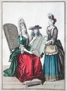 Twee vrouwen en een jongen bewonderen een prent van de Grote Vuurtoren van Alexandrië, eind 17e eeuw