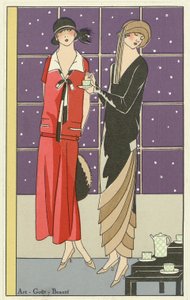 Twee vrouwen die thee drinken en gekleed zijn in ontwerpen van Jean Patou en Beer, uit Art-Goût-Beauté uitgegeven 1924 door French School