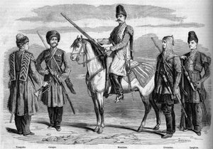 Typen en uniformen van de speciale escorte van de keizer van Rusland. Van links naar rechts: Trompet, Kozak, Moslim, Circassian en Lesghian. Gravure in 