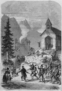 Tirol, scène van de terugkeer van de Tiroler troepen van het Oostenrijkse leger, in oktober 1866. Gravure.