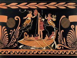 Ulysses en de Sirenen, illustratie van een antieke Griekse vaas