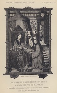 Een auteur presenteert zijn boek aan Marguerite De Navarre (litho)