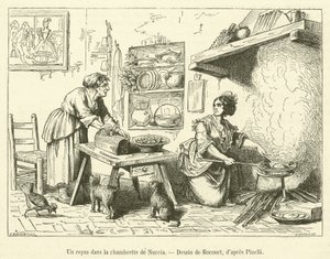 Een maaltijd in het kamertje van Nuccia (gravure) door French School