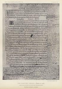 Een pagina uit de Essais, editie van 1588, met handgeschreven aantekeningen van Montaigne (litho) door French School