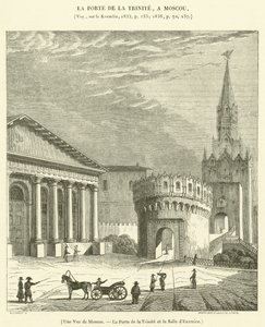 Gezicht op Moskou, de Drievuldigheidspoort en de Exercitiezaal (gravure)