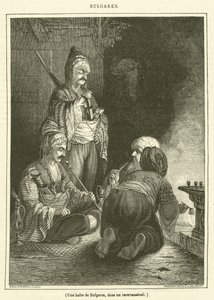 Bulgaren stoppen in een karavanserail (gravure)