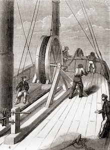 Het afwikkelen van de Dover naar Calais onderzeese kabel aan boord van de Blazer, 25 december 1851, uit Les Merveilles de la Science, gepubliceerd ca.1870 (gravure) door French School