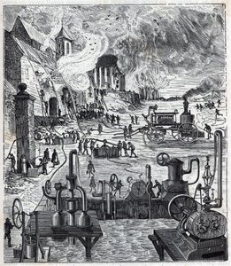 Gebruik van verschillende pompsystemen bij een brand in de 19e eeuw - Gravure in 