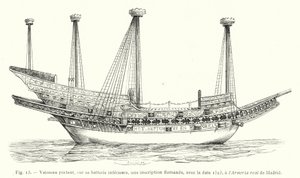 Schip met een Vlaamse inscriptie op het onderste dek, met de datum 1523, in de Armeria real van Madrid (gravure) door French School