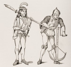 Knecht of schildknaap met een dikbladige hellebaard en een boogschutter die een kruisboogkoord spant met een dubbelhandige lier, naar een 15e-eeuwse miniatuur, uit Le Moyen Age et La Renaissance door Paul Lacroix door French School