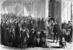 Vaticaans Concilie I (1869-1870): Paus Pius IX (1792-1878) ontving in algemene audiëntie de Franse geestelijken die de bisschoppen volgden