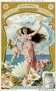 Venus illustreert vrijdag. Liebig chromolithografische reclamekaart door French School