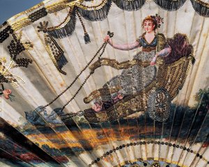 Venus op haar wagen, detail van avondwaaier met geschilderd zijden blad en geborduurd met pailletten en bladgoud