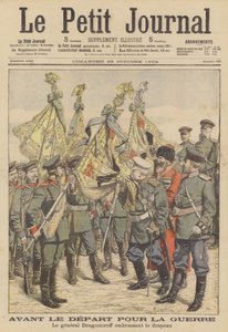 Russische veteraan generaal Mikhail Dragomirov kust de vlag van een regiment dat vertrekt naar de Russisch-Japanse oorlog (kleurenlitho) door French School