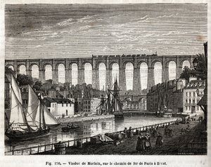 Viaduct van Morlaix, op de spoorlijn van Parijs naar Brest (Frankrijk). Gravure door Lebreton en Marchand, in 