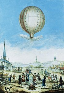 Uitzicht op Annonay in Vivarais en de eerste vlucht van de Montgolfier broers heteluchtballon in 1783