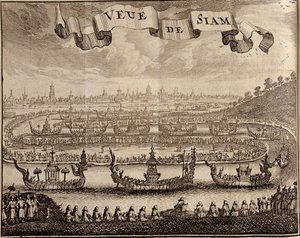 Uitzicht op Ayutthaya met koninklijke pramen, uit Voyage du Siam des Peres Jesuites door Guy Tachard, 1688 door French School