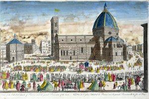 Uitzicht op de kathedraal van Florence en de grote processie van het Heilig Sacrament