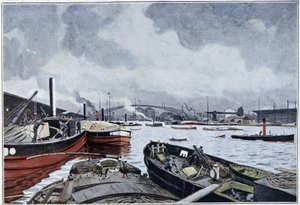 Uitzicht op Parijs, de Seine en het Bassin van de Villette, aquarel van Brun, 1889