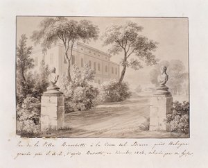 Uitzicht op Villa Bianchetti in Croce del Biacco nabij Bologna, gegraveerd door S.A.I. naar Busatti, ingekleurd door M. Hofer, december 1814 (ingekleurde gravure) door French School