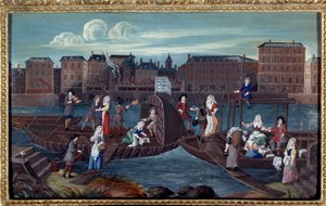 Zicht op een vissersboot en witkalkboten op de Quai de la Mégisserie in Parijs. 1670