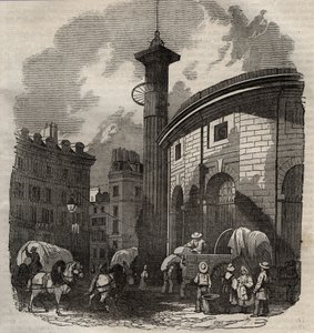 Uitzicht op halle au ble in Parijs (gebouwd in 1763-1769) en de Medici-kolom, gravure begin 19e eeuw - tarwe- en maïswissel in Parijs (gebouwd in 1763-1769), gravure begin 19e eeuw - Uitzicht op de Halle au ble, geplaatst op het huidige Hotel de Sois door French School
