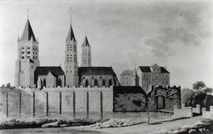Zicht op de Abdij van Saint-Germain-des-Prés aan het begin van de 15e eeuw