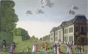 Uitzicht op het kasteel van Bellevue vanuit de tuin, c.1820 (kleurgravure) door French School