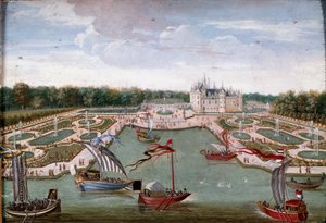 Uitzicht op het Kasteel van Chantilly en de bedden genomen vanaf de Vertugadin door French School