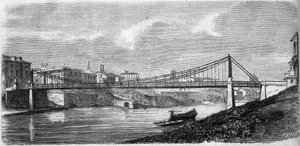 Uitzicht op de Sint-Jansbrug over de Tiber (Tevere) in Italië, ingehuldigd in 1863. Deze stalen brug is ontworpen door Alphonse Oudry (1819-1869). Gravure in 