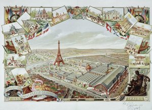 Uitzicht op de Wereldtentoonstelling met de verschillende paviljoens en de Eiffeltoren