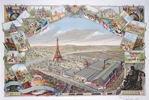 Uitzicht op de Wereldtentoonstelling met de verschillende paviljoens en de Eiffeltoren, 1889