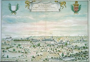 Uitzicht op de abdij van Fontevrault (Fontevraud) in Maine en Loire. door French School