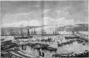 Zicht op de stad en haven van Algiers (Algerije), tijdens de aankomst van Napoleon III en keizerin Eugenie de Montijo, 17 september door French School