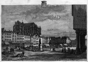 Zicht op de stad Beauvais in de Oise. Gravure uit 1880 in La republique illustree. Privécollectie.
