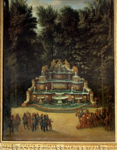 Uitzicht op de fontein van het Water Buffet in de tuinen van het Grand Trianon in 1713. Op de voorgrond: Lodewijk XIV tijdens de Promenade Schilderij van Charles Chatelain. 18e eeuw. Dim. 2,96x1,42 m. Versailles, Kastelen van Versailles en Trianon door French School