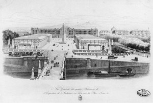 Uitzicht op de vier gebouwen van de Industrie Tentoonstelling in Parijs, Place Louis XV, 1834 door French School