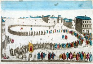 Zicht op de grote processie van de autodafé waar we de criminelen zien die door de Inquisitie in Lissabon zijn berecht - gravure door French School