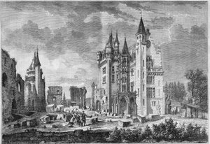 Gezicht op de restauratiewerkzaamheden van het kasteel van Pierrefonds, georganiseerd door Eugene Viollet le Duc, tijdens het bezoek van Napoleon III en keizerin Eugenie de Montijo. Oise door French School
