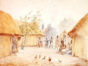 Dorp in Madagaskar ten tijde van de verovering door Frankrijk in 1895-96 door French School