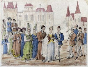 Dorpsbruiloft onder Karel V - Gravure 19e eeuw. door French School